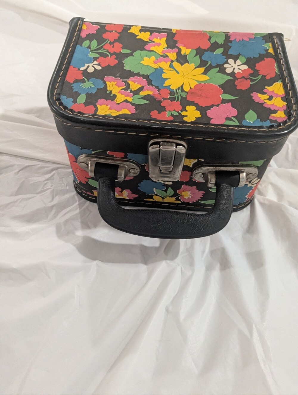Floral Black Dolls Train Case with Colorful Flower Print